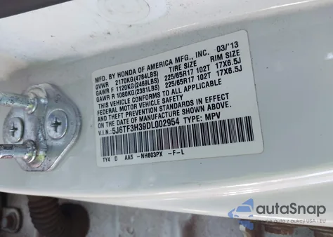 2013 Honda Crosstour Ex из США, поврежденный, VIN 5J6TF3H39DL002954